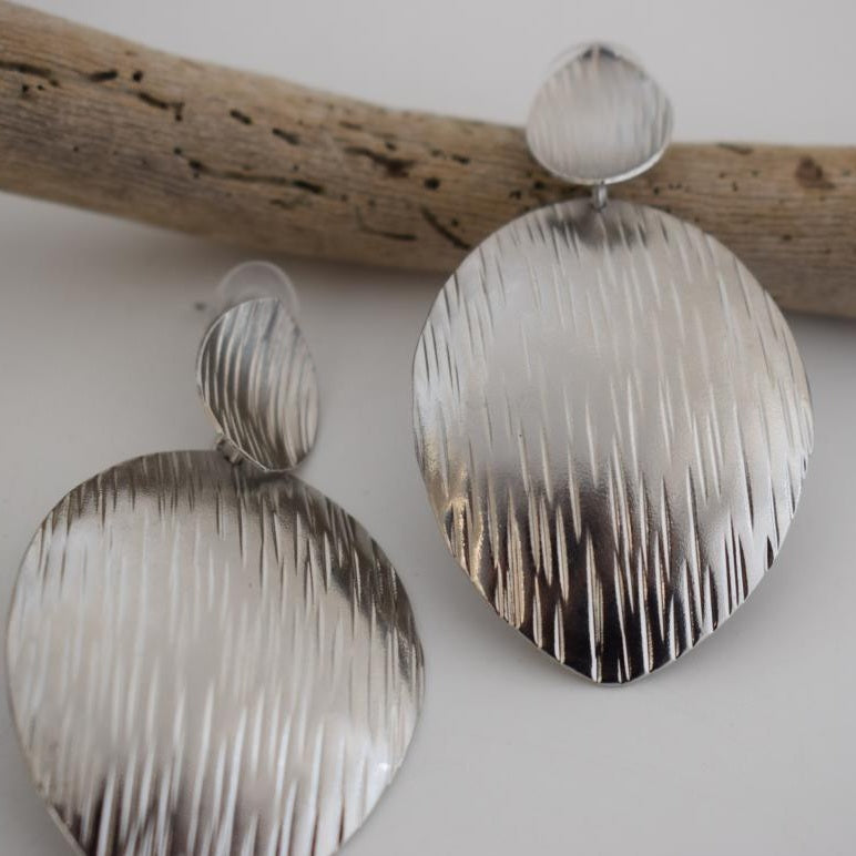 Anemone2 earrings in handmade Greek hammered jewelry design, available in gold plated and silver plated finishes.