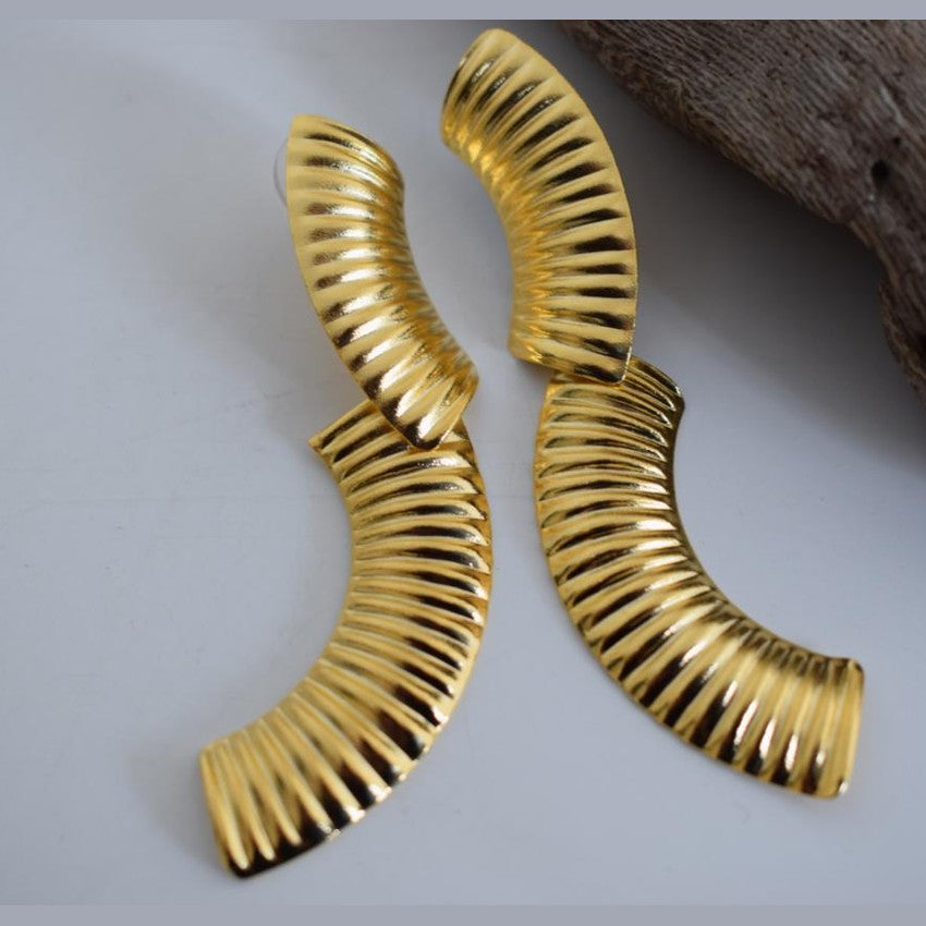 Skiron earrings in handmade Greek hammered jewelry design, available in gold plated and silver plated finishes.