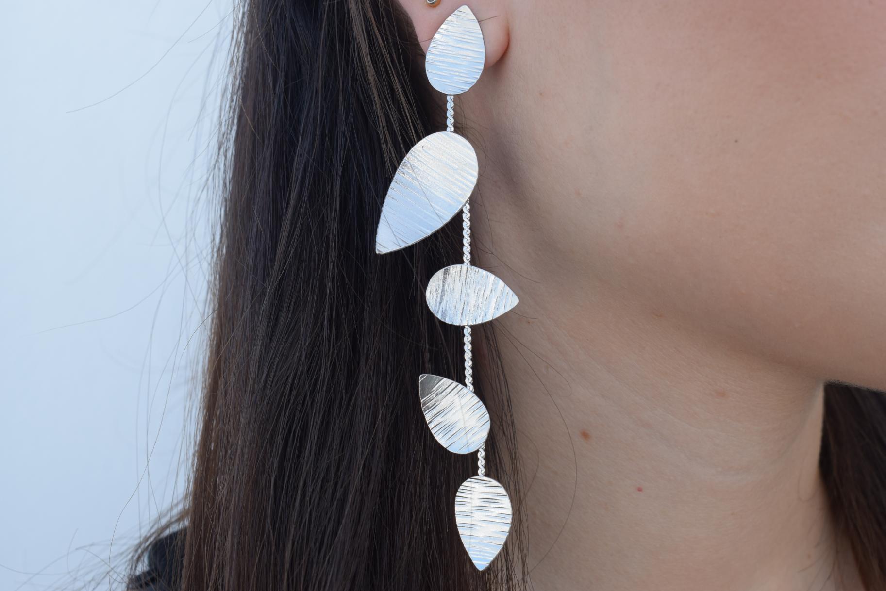 Noufaro5 earrings in handmade Greek hammered jewelry design, available in gold plated and silver plated finishes.