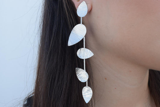 Noufaro5 earrings in handmade Greek hammered jewelry design, available in gold plated and silver plated finishes.