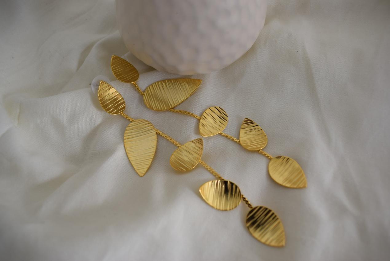 Noufaro5 earrings in handmade Greek hammered jewelry design, available in gold plated and silver plated finishes.