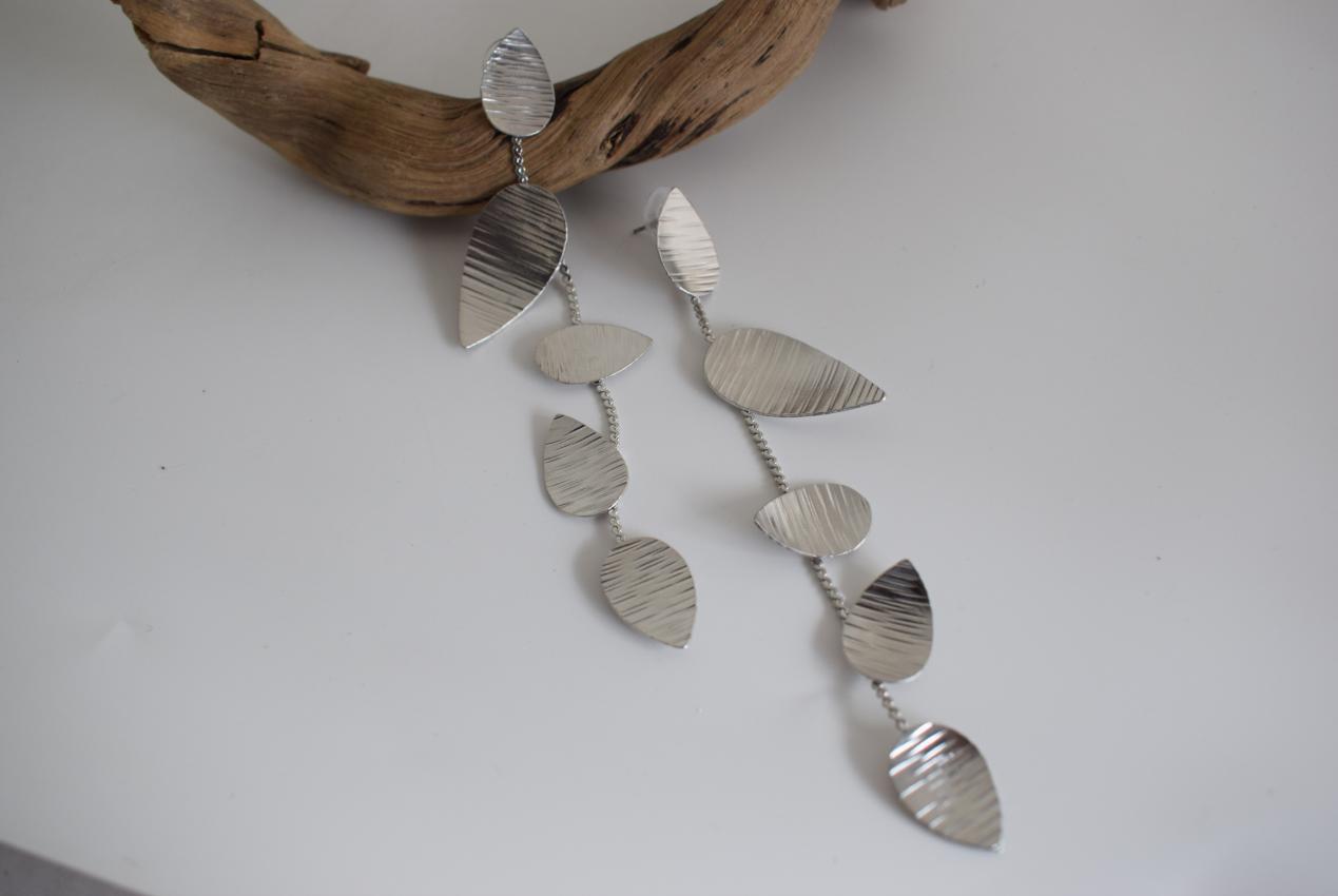 Noufaro5 earrings in handmade Greek hammered jewelry design, available in gold plated and silver plated finishes.