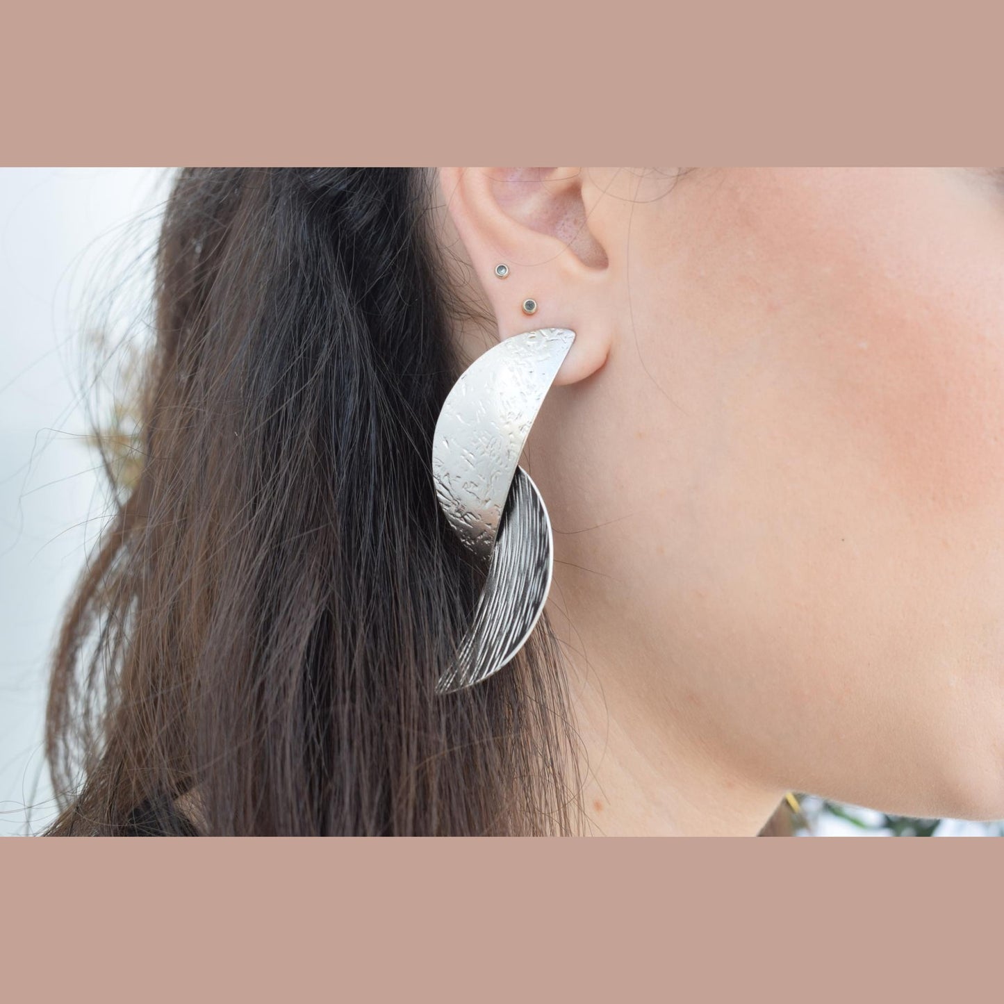 Avgi4 earrings in handmade Greek hammered jewelry design, available in gold plated and silver plated finishes.