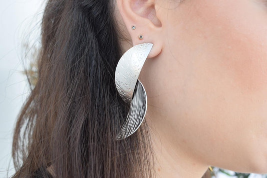 Avgi4 earrings in handmade Greek hammered jewelry design, available in gold plated and silver plated finishes.