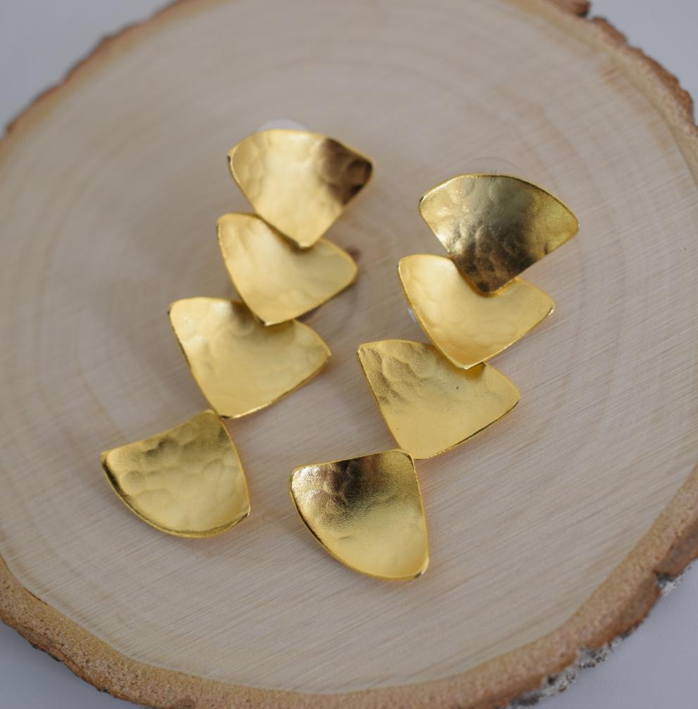 Echo earrings in handmade Greek hammered jewelry design, available in gold plated and silver plated finishes.