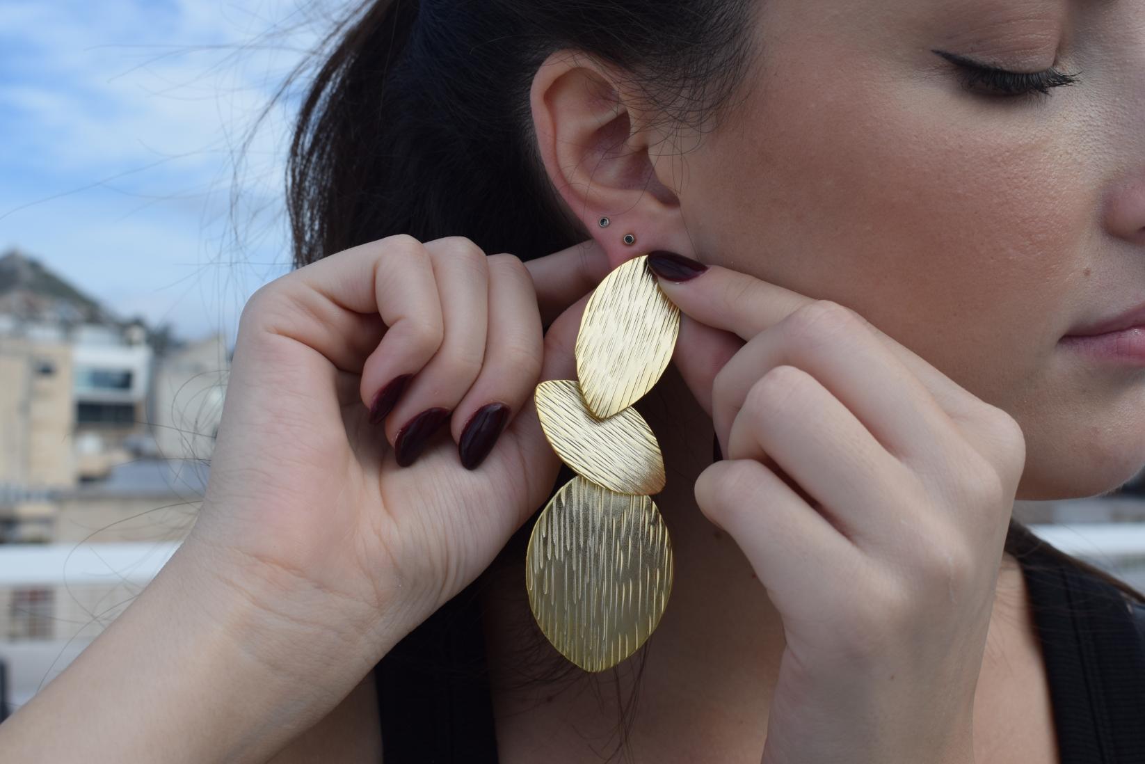 Nausicaa2 earrings in handmade Greek hammered jewelry design, available in gold plated and silver plated finishes.