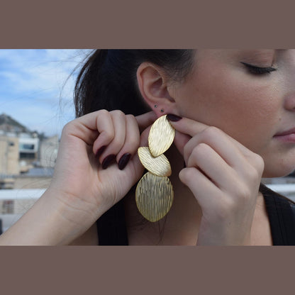 Nausicaa2 earrings in handmade Greek hammered jewelry design, available in gold plated and silver plated finishes.