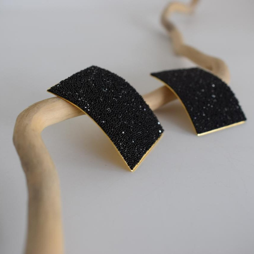 Thyra earrings in handmade Greek hammered jewelry design with fine crystals, available in gold plated and silver plated finishes.