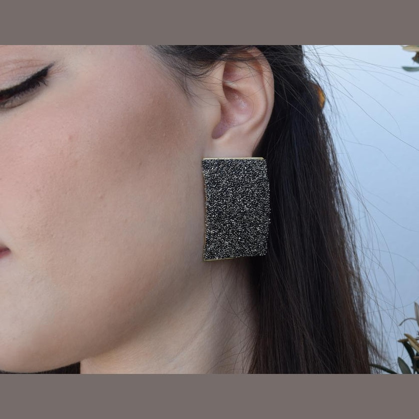 Thyra earrings in handmade Greek hammered jewelry design with fine crystals, available in gold plated and silver plated finishes.