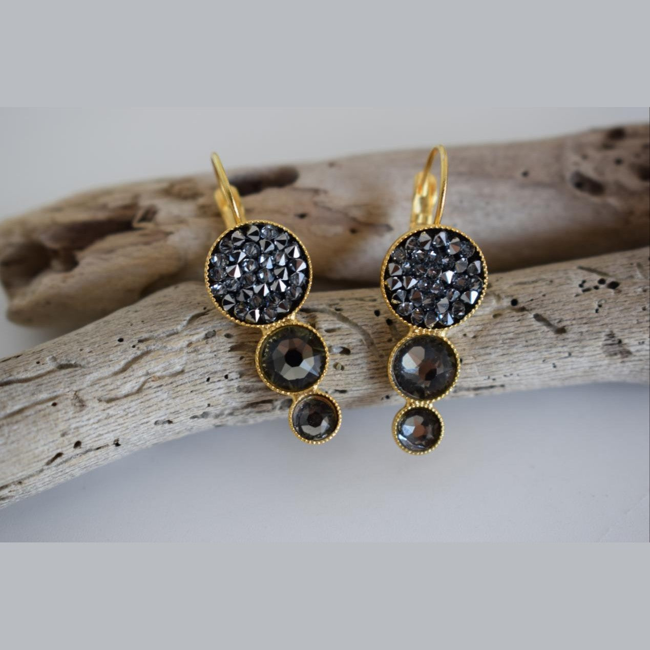 Seleni4 earrings in handmade Greek hammered jewelry design with fine crystals, available in gold plated and silver plated finishes.