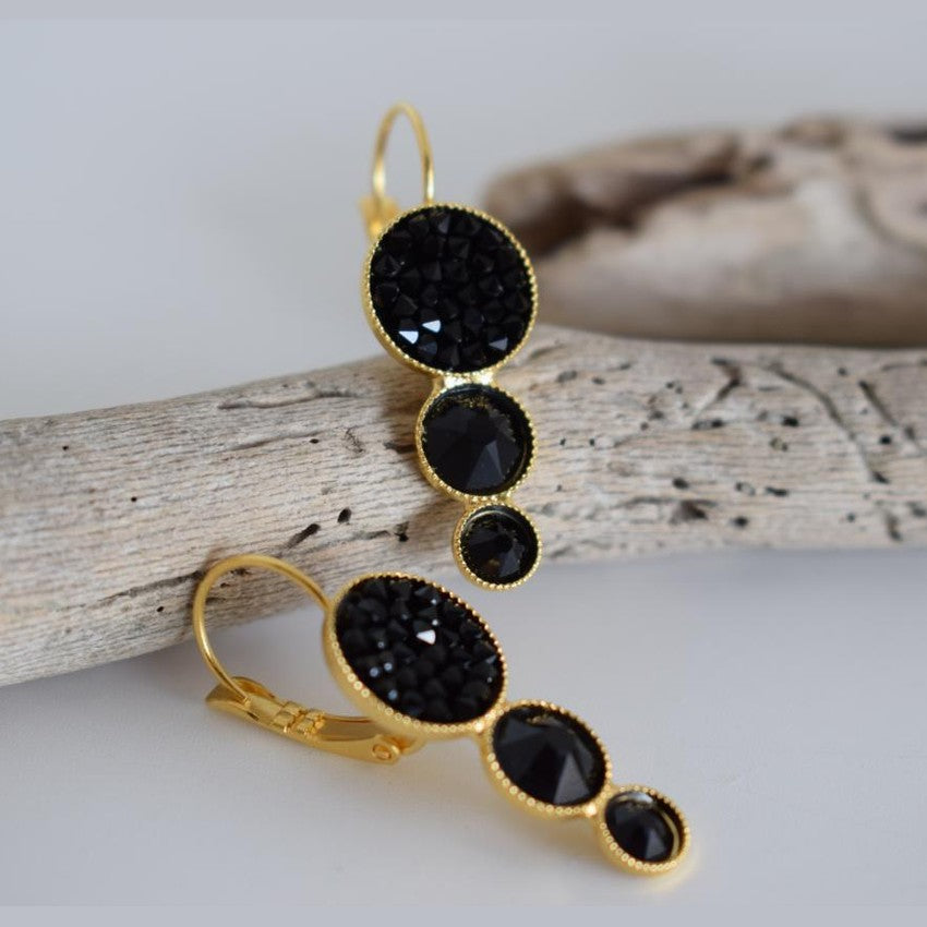 Seleni4 earrings in handmade Greek hammered jewelry design with fine crystals, available in gold plated and silver plated finishes.