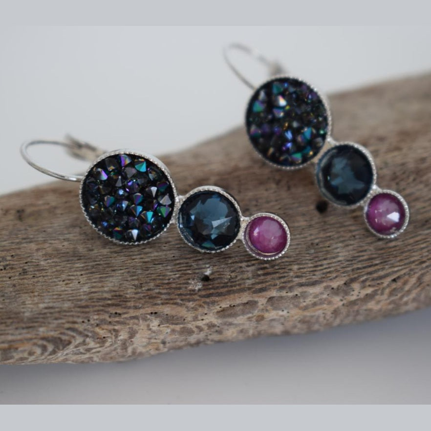 Seleni4 earrings in handmade Greek hammered jewelry design with fine crystals, available in gold plated and silver plated finishes.