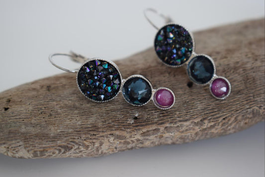 Seleni4 earrings in handmade Greek hammered jewelry design with fine crystals, available in gold plated and silver plated finishes.