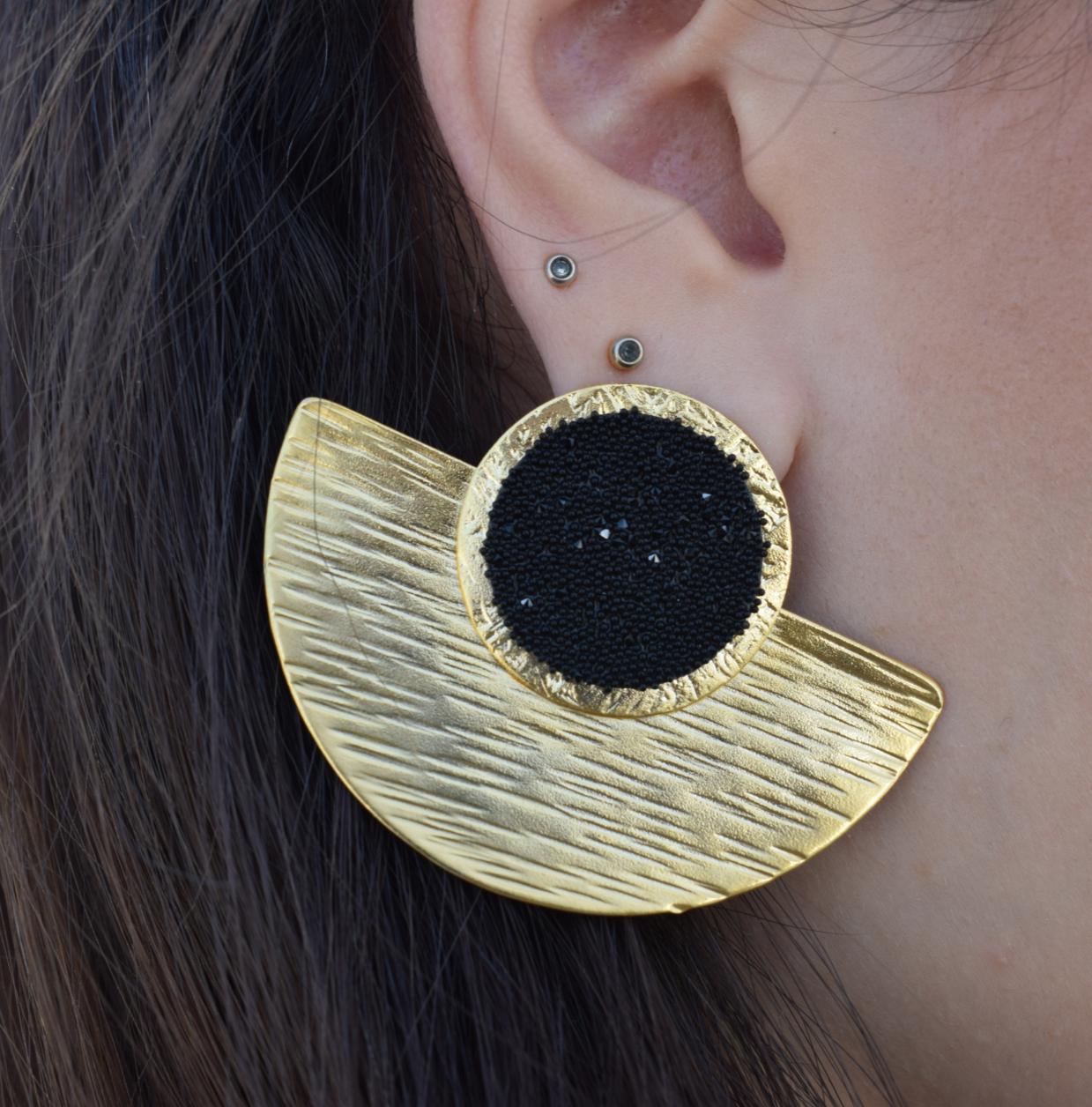 Orpheia2 earrings in handmade Greek hammered jewelry design with fine crystals, available in gold plated and silver plated finishes.