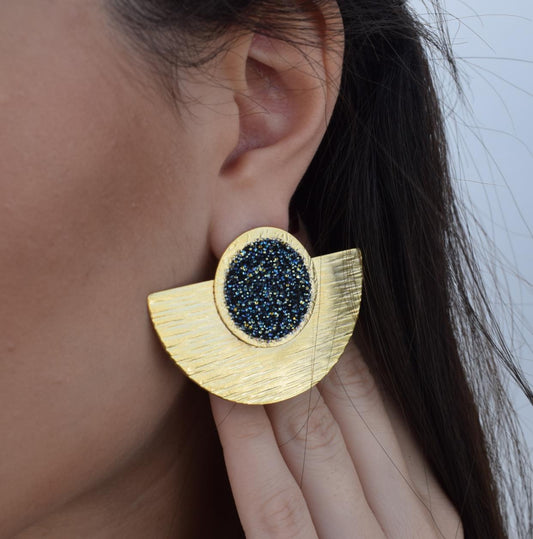 Orpheia2 earrings in handmade Greek hammered jewelry design with fine crystals, available in gold plated and silver plated finishes.