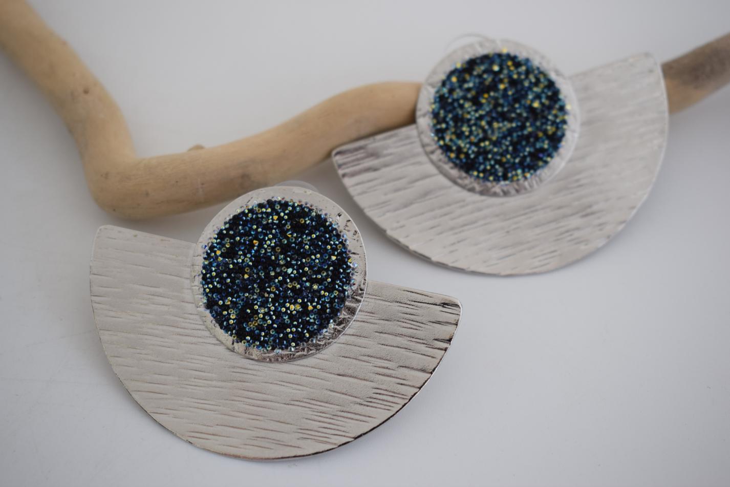 Orpheia2 earrings in handmade Greek hammered jewelry design with fine crystals, available in gold plated and silver plated finishes.