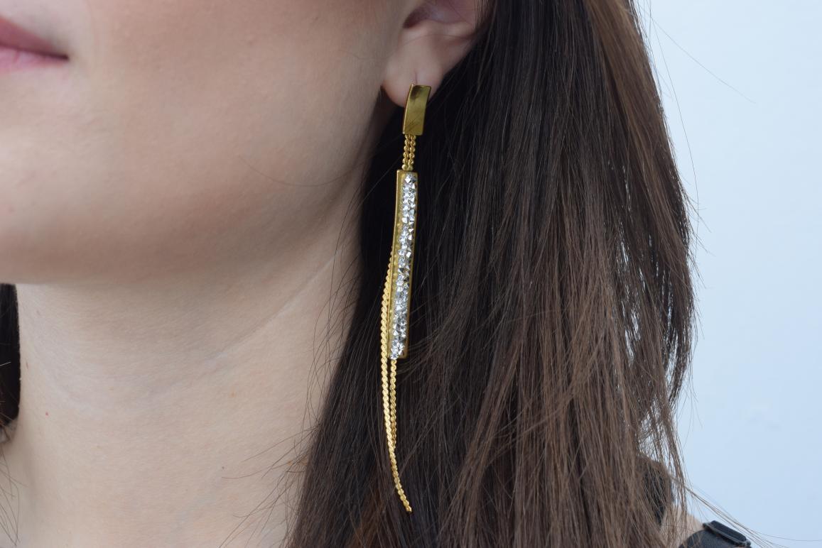 Epidavros earrings in handmade Greek hammered jewelry design with fine crystals, available in gold plated and silver plated finishes.