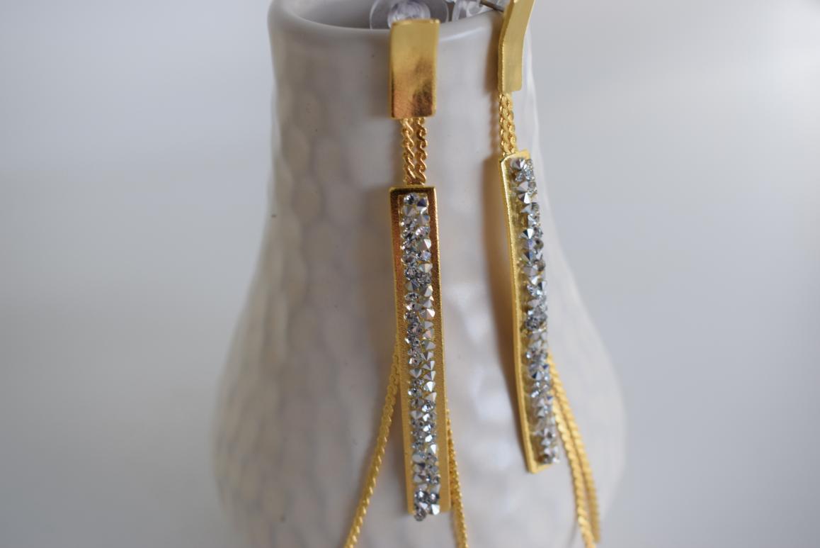 Epidavros earrings in handmade Greek hammered jewelry design with fine crystals, available in gold plated and silver plated finishes.