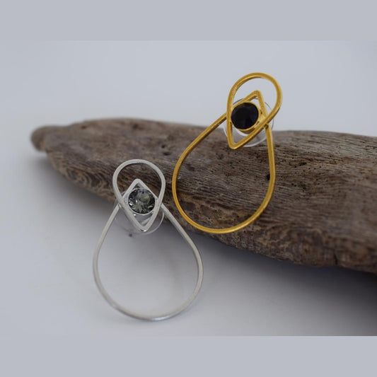 Nereis earrings in handmade Greek hammered jewelry design with fine crystals, available in gold plated and silver plated finishes.