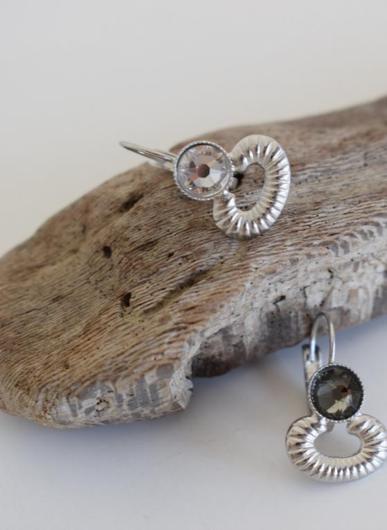 Ikaria3 earrings in handmade Greek hammered jewelry design with fine crystals, available in gold plated and silver plated finishes.