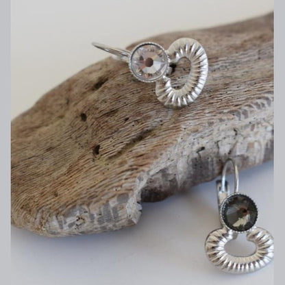 Ikaria3 earrings in handmade Greek hammered jewelry design with fine crystals, available in gold plated and silver plated finishes.