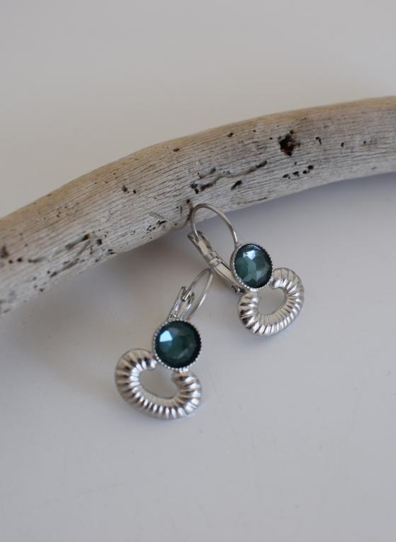 Ikaria3 earrings in handmade Greek hammered jewelry design with fine crystals, available in gold plated and silver plated finishes.