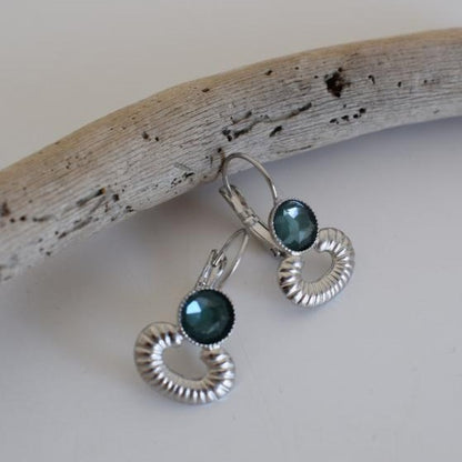 Ikaria3 earrings in handmade Greek hammered jewelry design with fine crystals, available in gold plated and silver plated finishes.