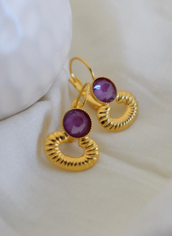 Ikaria3 earrings in handmade Greek hammered jewelry design with fine crystals, available in gold plated and silver plated finishes.