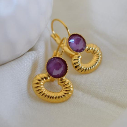 Ikaria3 earrings in handmade Greek hammered jewelry design with fine crystals, available in gold plated and silver plated finishes.