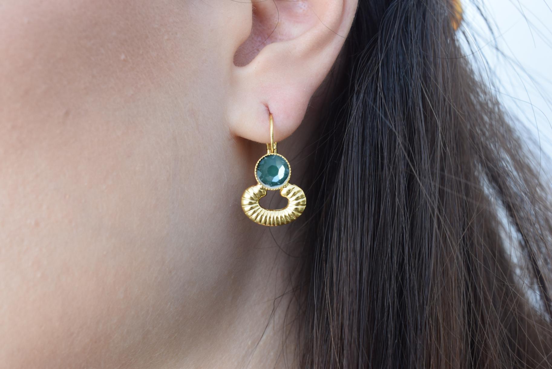 Ikaria3 earrings in handmade Greek hammered jewelry design with fine crystals, available in gold plated and silver plated finishes.