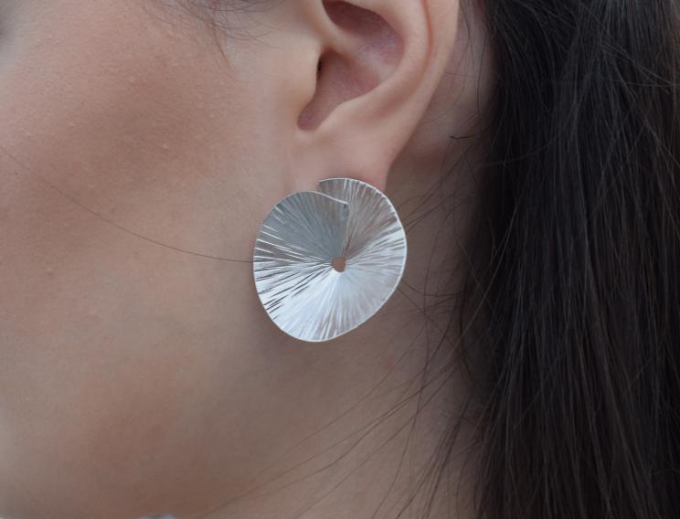 Kochlias5 earrings in handmade Greek hammered jewelry design, available in gold plated and silver plated finishes.