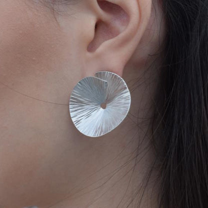 Kochlias5 earrings in handmade Greek hammered jewelry design, available in gold plated and silver plated finishes.