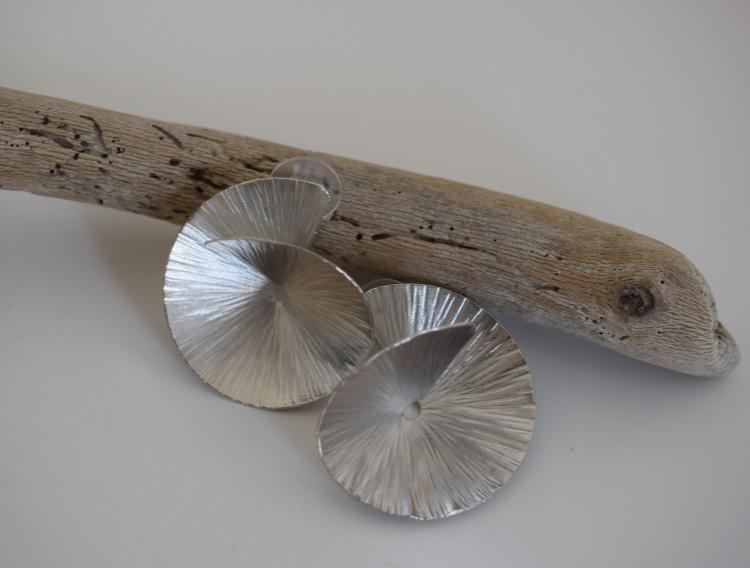 Kochlias5 earrings in handmade Greek hammered jewelry design, available in gold plated and silver plated finishes.