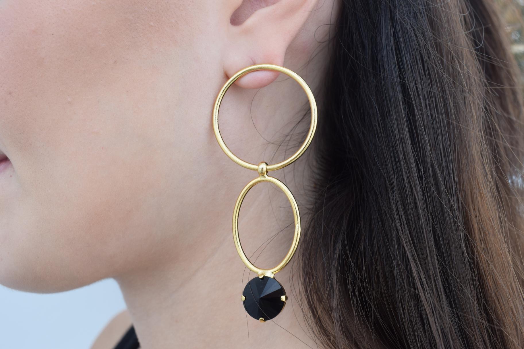 Kyklos earrings in handmade Greek hammered jewelry design with fine crystals, available in gold plated and silver plated finishes.