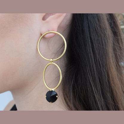 Kyklos earrings in handmade Greek hammered jewelry design with fine crystals, available in gold plated and silver plated finishes.