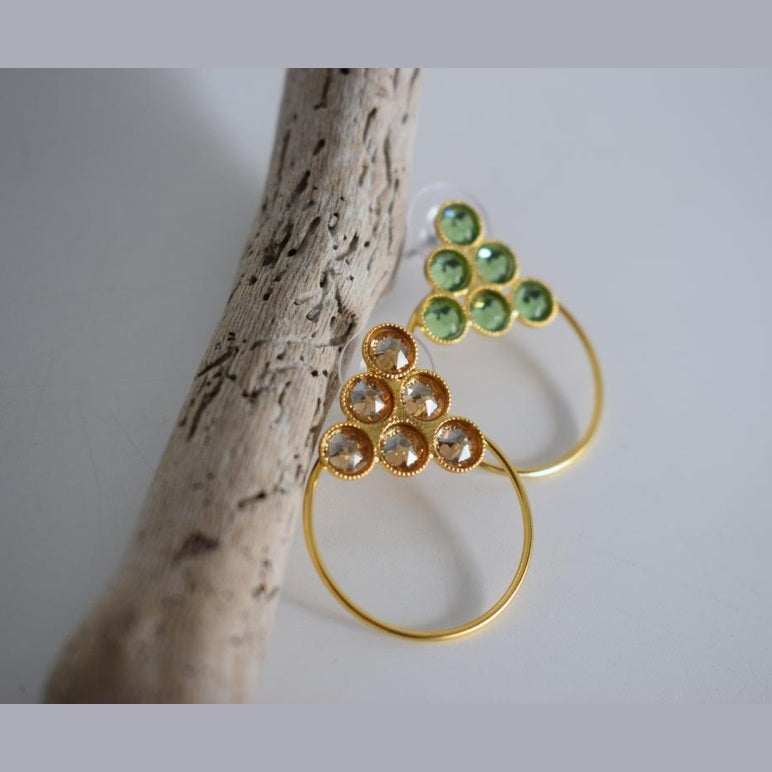 Tinos2 earrings in handmade Greek hammered jewelry design with fine crystals, available in gold plated and silver plated finishes.