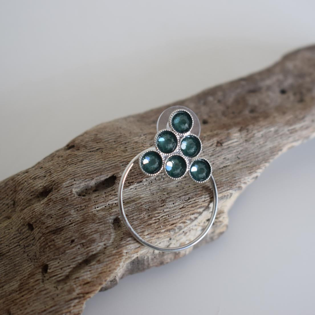 Tinos2 earrings in handmade Greek hammered jewelry design with fine crystals, available in gold plated and silver plated finishes.