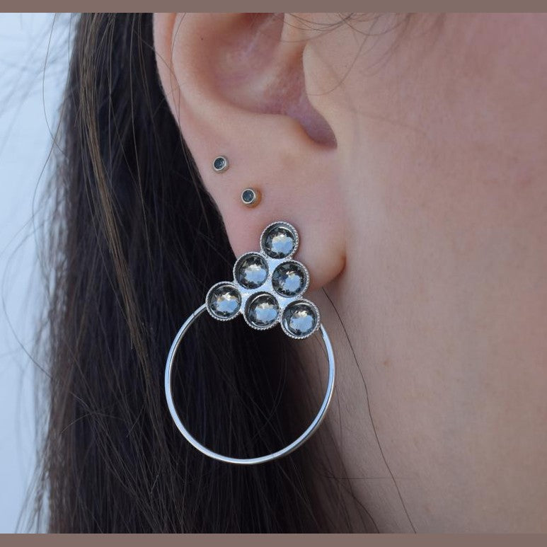 Tinos2 earrings in handmade Greek hammered jewelry design with fine crystals, available in gold plated and silver plated finishes.