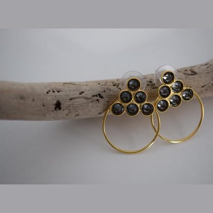 Tinos2 earrings in handmade Greek hammered jewelry design with fine crystals, available in gold plated and silver plated finishes.