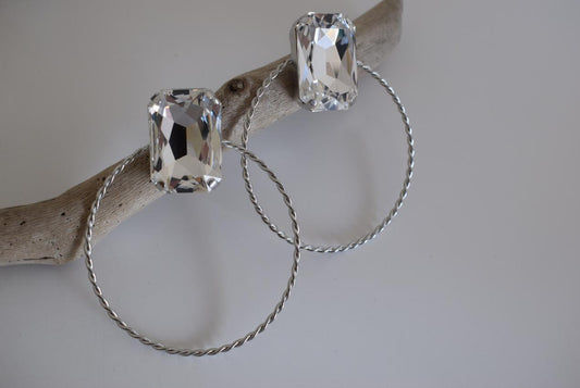 Okeanos2 earrings in handmade Greek hammered jewelry design with a fine crystal, available in gold plated and silver plated finishes.