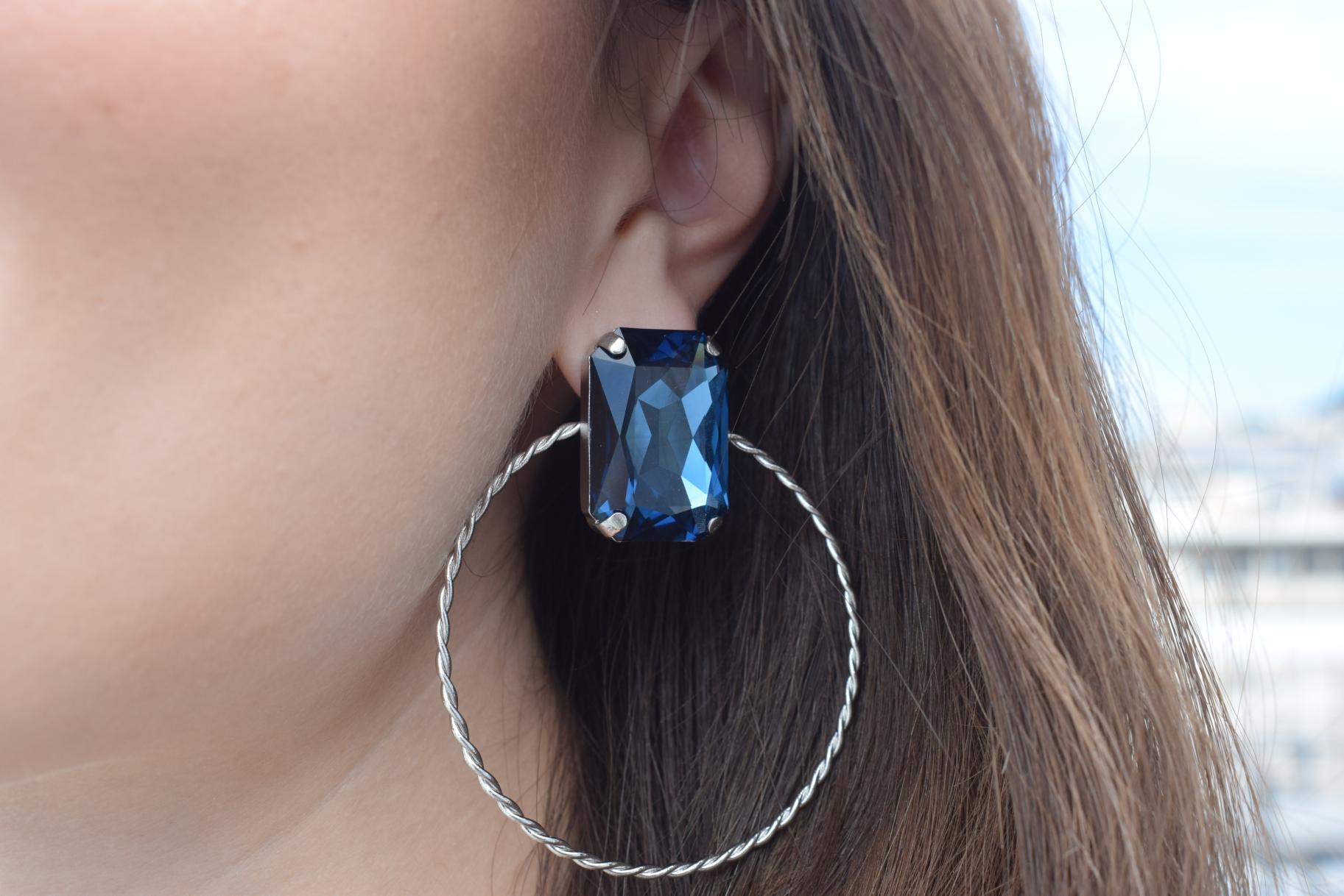 Okeanos2 earrings in handmade Greek hammered jewelry design with a fine crystal, available in gold plated and silver plated finishes.