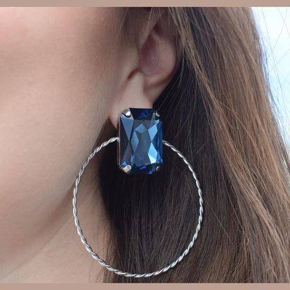 Okeanos2 earrings in handmade Greek hammered jewelry design with a fine crystal, available in gold plated and silver plated finishes.