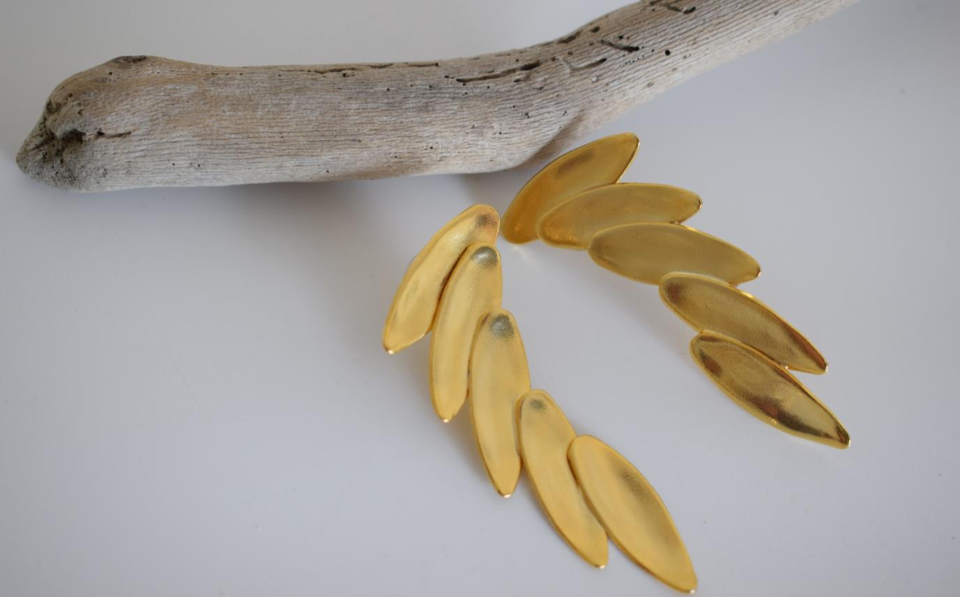 Angelos earrings in handmade Greek hammered jewelry design, available in gold plated and silver plated finishes.