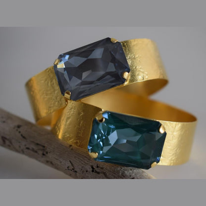 Okeanos bracelet Greek hammered jewelry with emerald-cut crystal in 18K gold, silver, and rose gold plated finish.