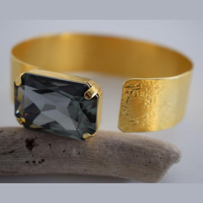 Okeanos bracelet Greek hammered jewelry with emerald-cut crystal in 18K gold, silver, and rose gold plated finish.