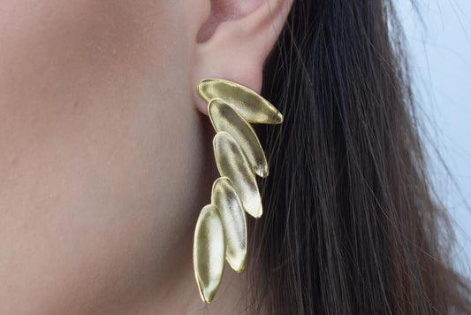 Angelos earrings in handmade Greek hammered jewelry design, available in gold plated and silver plated finishes.