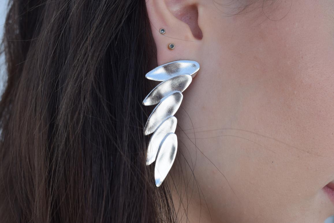 Angelos earrings in handmade Greek hammered jewelry design, available in gold plated and silver plated finishes.