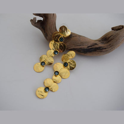 Epidavros earrings in Greek hammered jewelry design with fine crystals, available in 18K gold plated and 18K silver plated finishes.