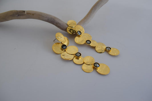 Epidavros earrings in Greek hammered jewelry design with fine crystals, available in 18K gold plated and 18K silver plated finishes.