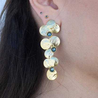 Epidavros earrings in Greek hammered jewelry design with fine crystals, available in 18K gold plated and 18K silver plated finishes.